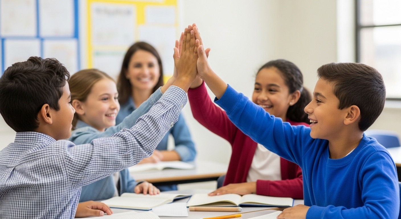Happy students high-fiving after completing a game focused on learning and problem solving in class