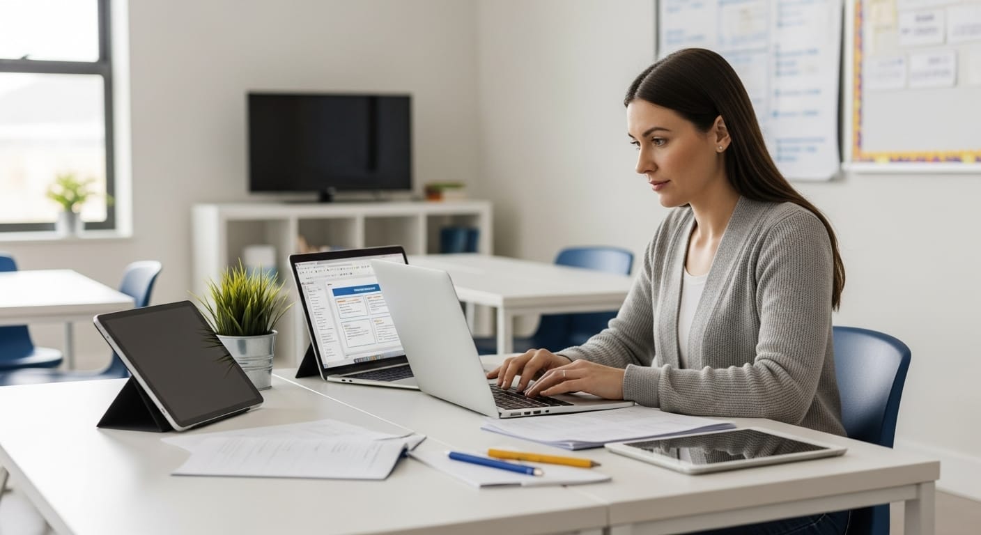 Teacher creating interactive questions on a laptop, surrounded by flexible learning materials and student tablets