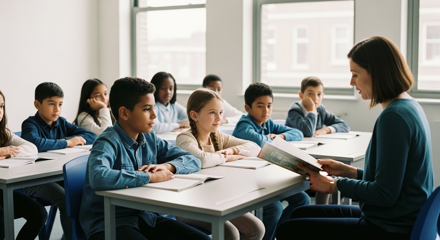 Diverse group of elementary students listening to a story in class while identifying key information, candid classroom photo