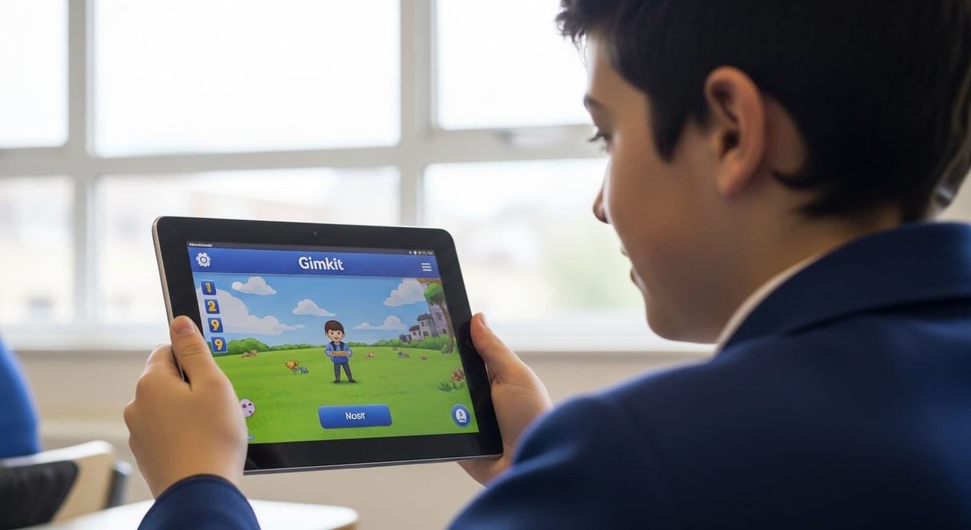 Student holding Android tablet in landscape mode with Gimkit screen fully visible