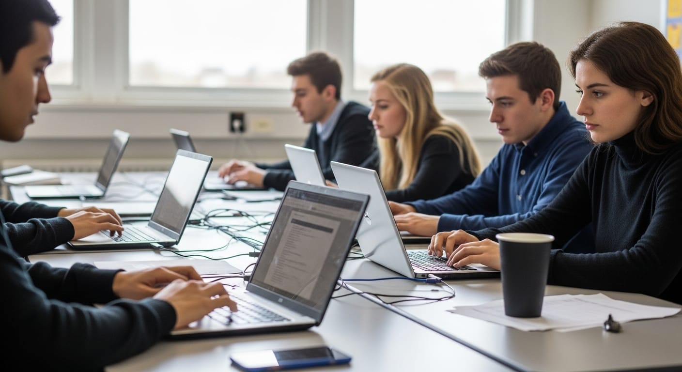 A modern classroom setup with students using laptops, connected to a stable high-speed internet network
