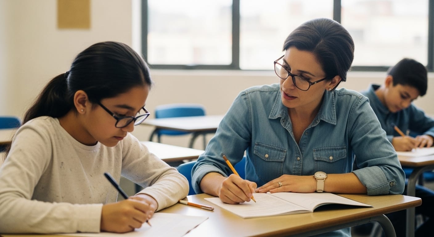 Teacher providing individual feedback to a student, representing small-scale classroom innovation and continuous improvement