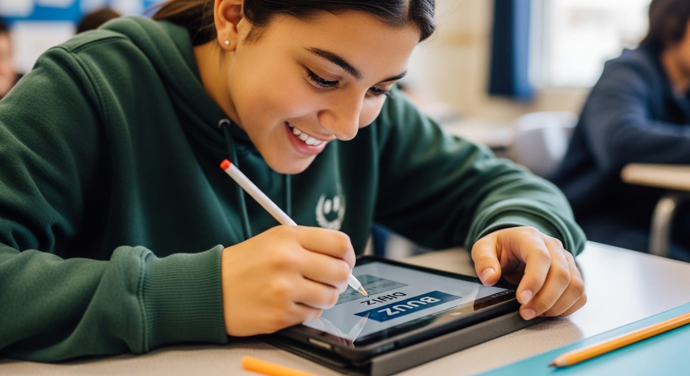 Focused student smiling while answering quiz questions on a tablet in an interactive classroom game