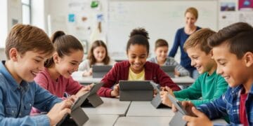 A diverse group of energetic middle school students actively engaged and smiling while playing Gimkit on their tablets in a modern, brightly lit classroom, with a teacher observing positively in the background. The scene captures a moment of re-engagement and revitalized focus, showcasing technology seamlessly integrated into learning.