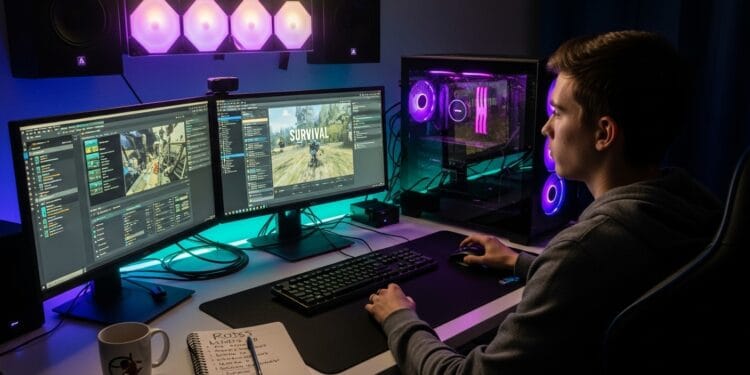 Young gamer hosting a Rust game server with professional PC setup and server monitoring tools in a home studio environment