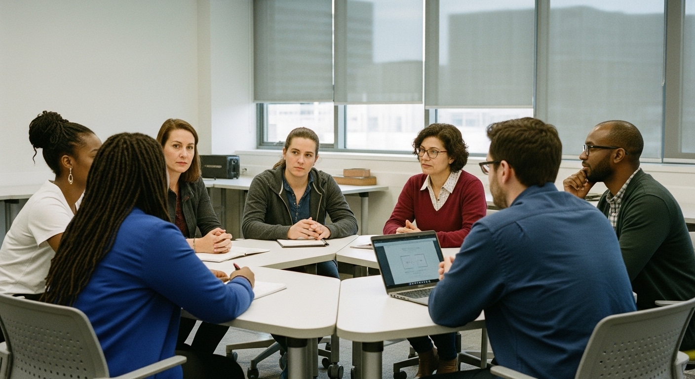 A diverse group of educators, students, parents, and developers having a thoughtful discussion about AI ethics in education, highlighting inclusive decision-making.