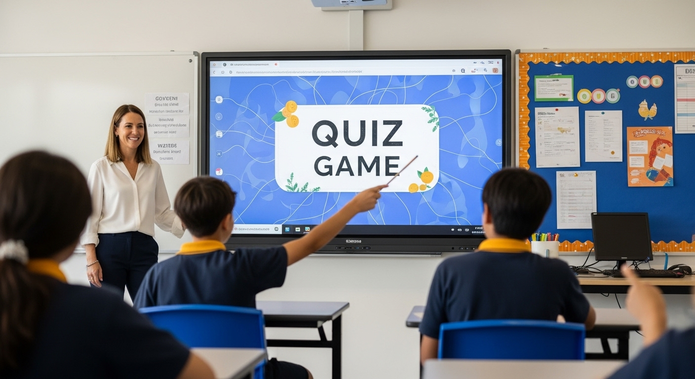 Students running a classroom quiz session using a smartboard while the teacher observes from the side, representing gradual responsibility.