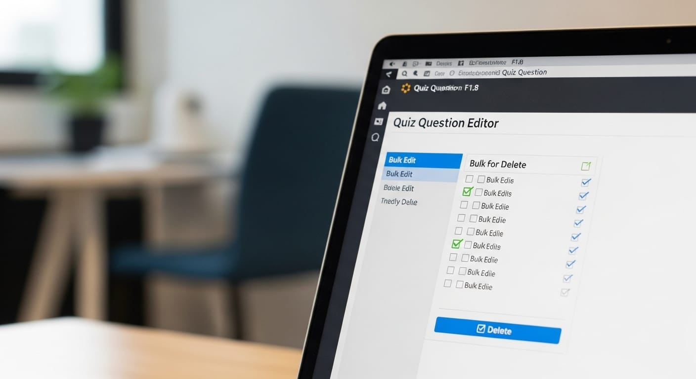 Computer screen showing a quiz editor with multiple questions selected for bulk editing or deletion, maximizing efficiency in Gimkit