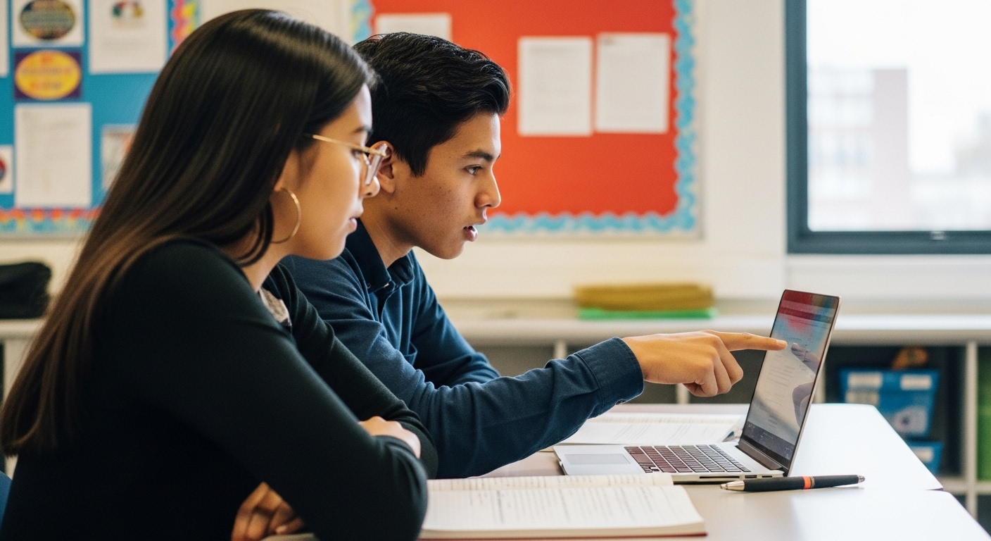 Two students discussing answers and strategies during a classroom game session