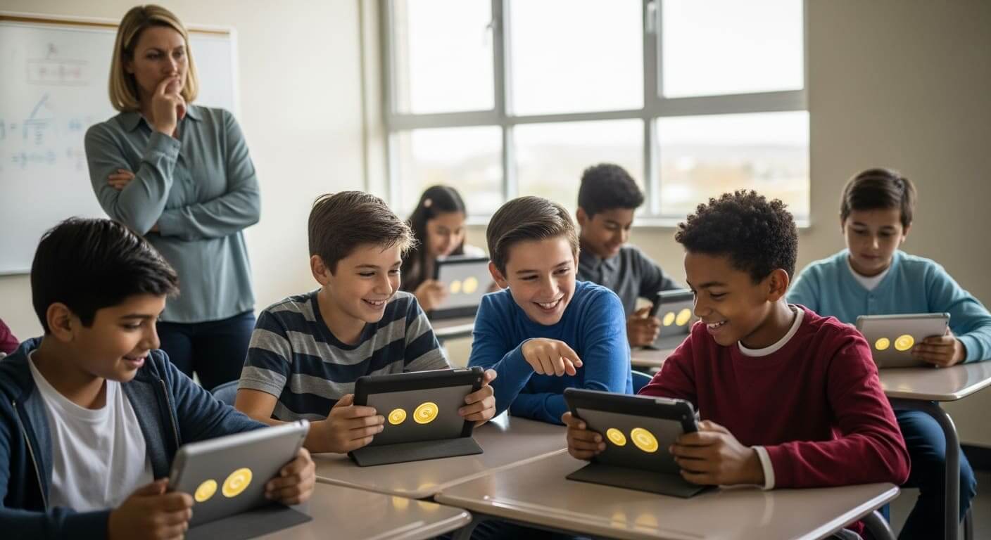 Middle school students focused on earning digital coins in Gimkit while teacher observes their engagement shift