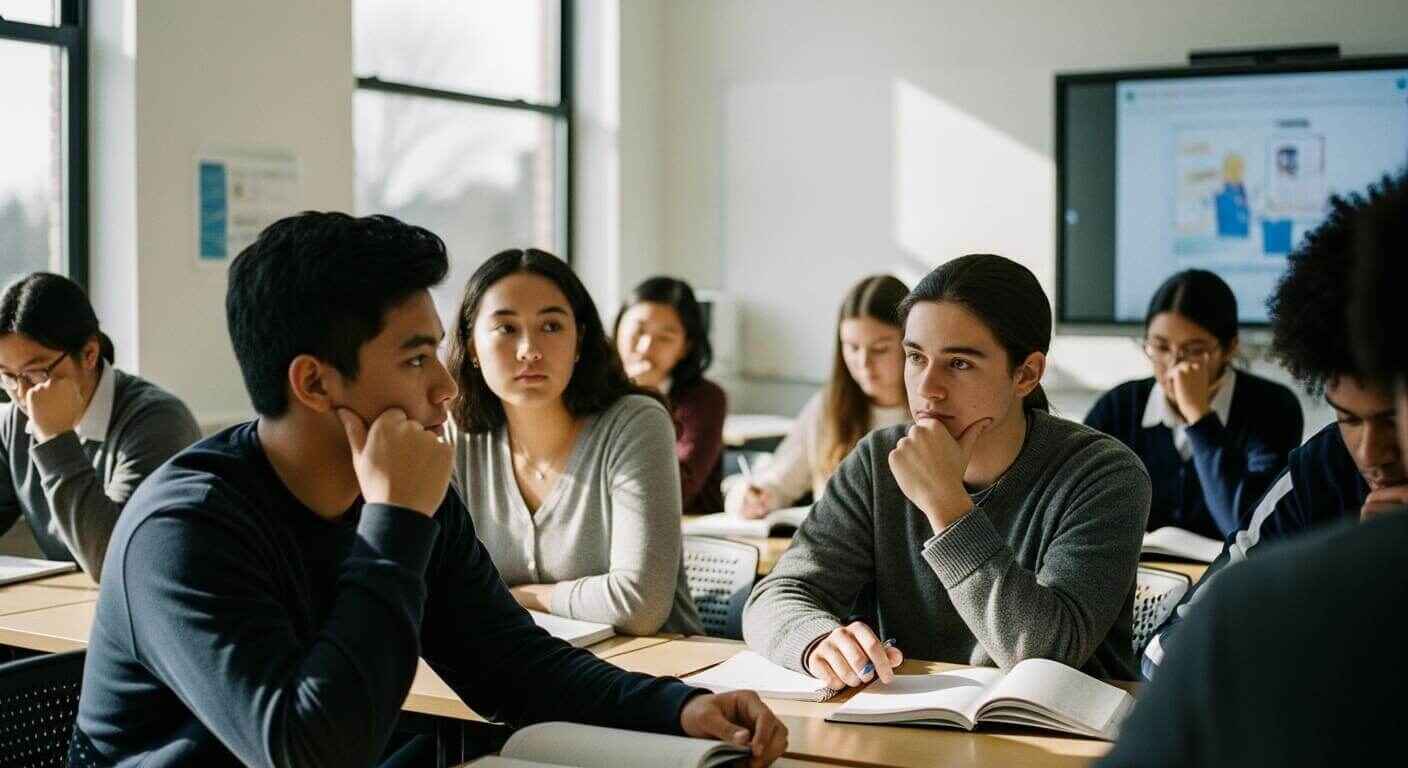 High school students in a modern classroom reflecting during a guided discussion session.