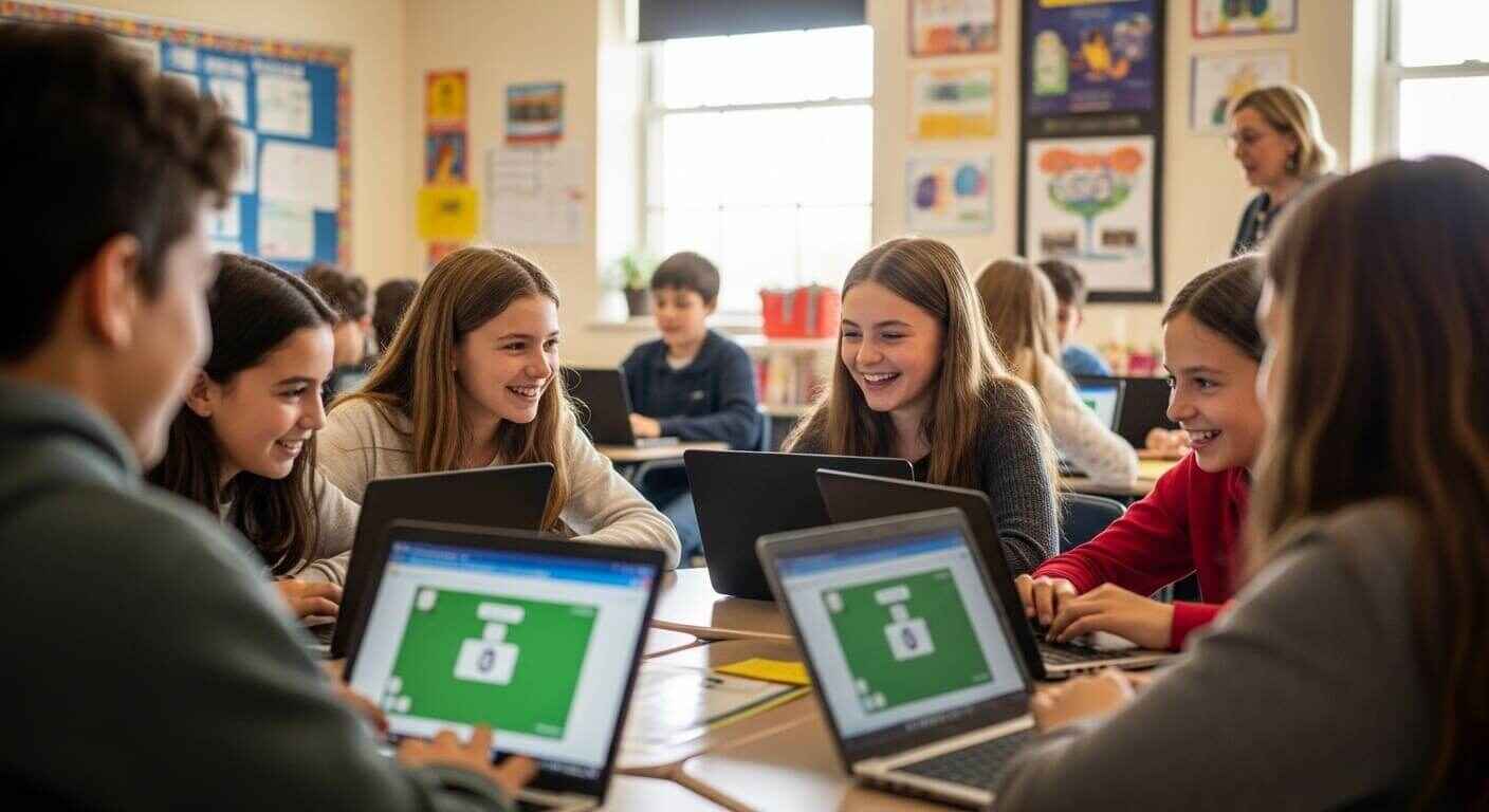 Students using a gamified learning platform on laptops, feeling comfortable and engaged in a safe classroom environment