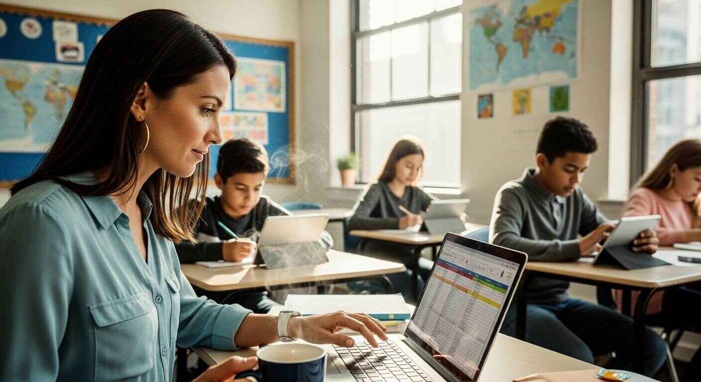 Educator reviewing Gimkit pre-assessment results on a laptop, identifying students’ learning gaps in a classroom setting