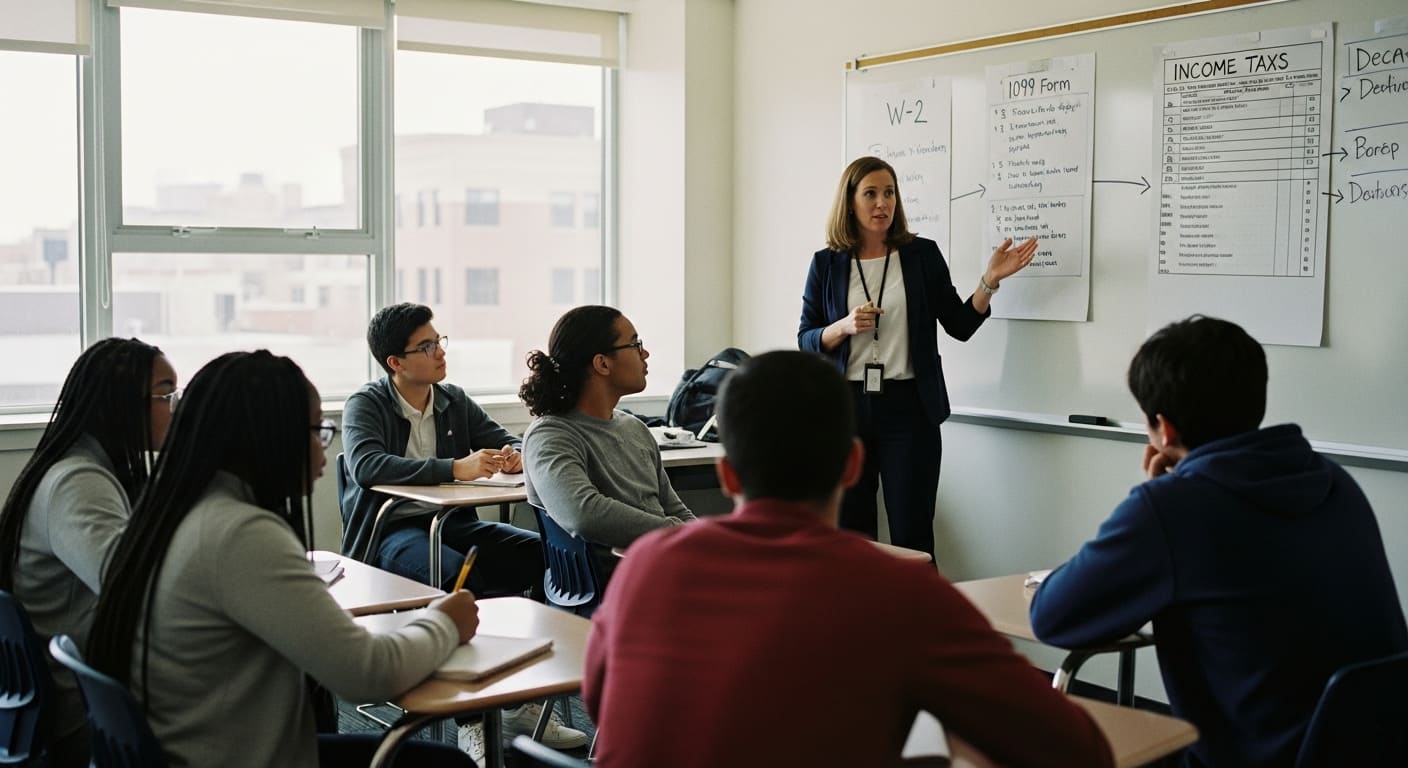 High school students attentively learning about income tax, deductions, and W-2 forms in a classroom setting, promoting early financial education.