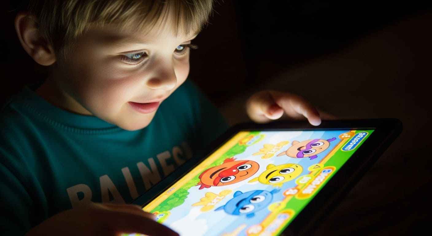 A child playing excitedly with a new educational game, symbolizing the novelty effect in learning before interest fades