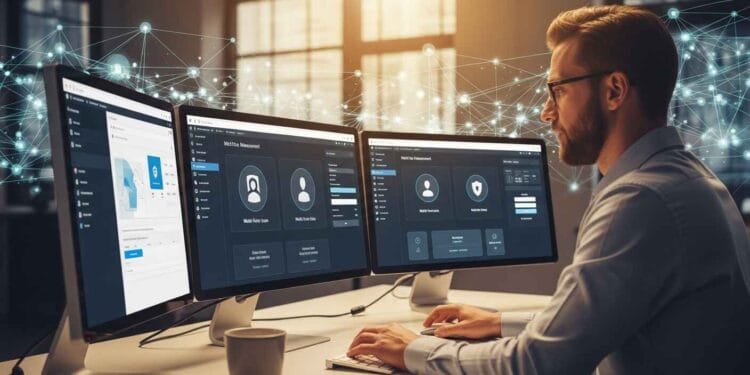 IT security professional analyzing identity management dashboard with multi-factor authentication icons in a modern digital workspace