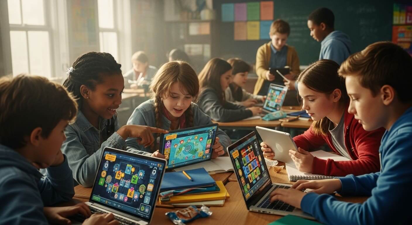 Interactive digital escape room components for online learning, featuring puzzles, clues, and teamwork activities.