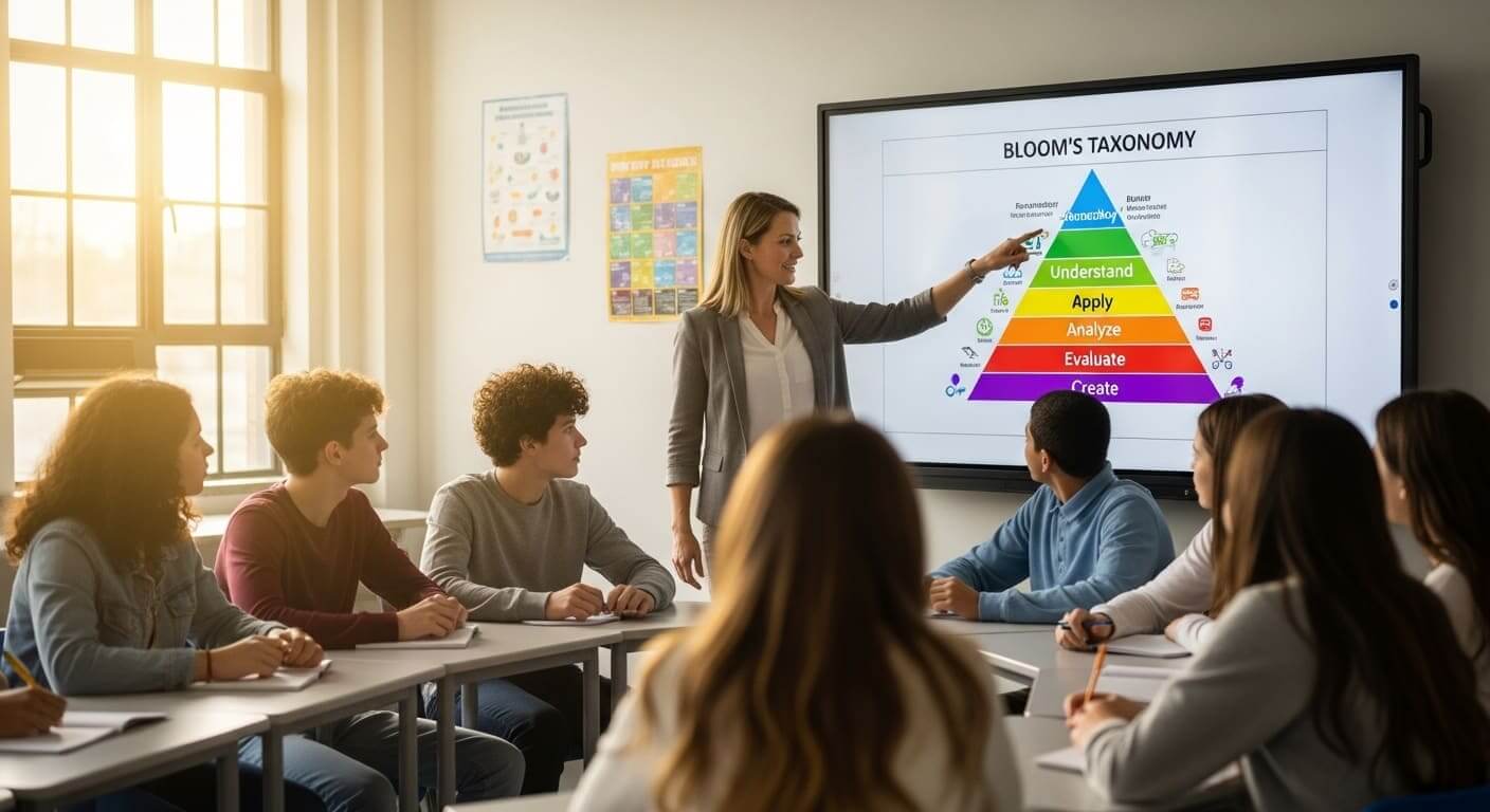 Teacher guiding students through Bloom’s Taxonomy levels of critical thinking in a classroom