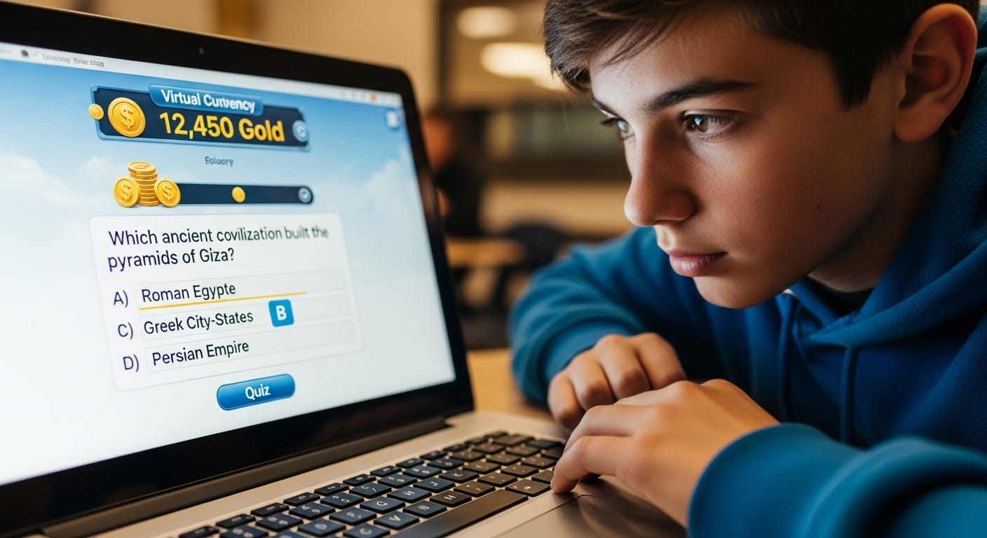 Student tracking virtual money earned through correct answers in Gimkit educational game on laptop.