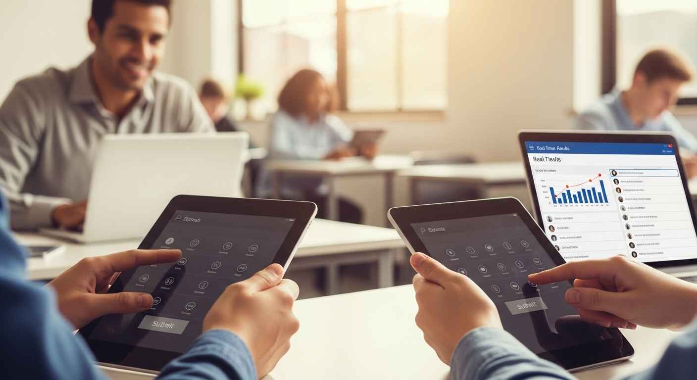 A close-up of students submitting feedback on a classroom game platform with the teacher reviewing results.