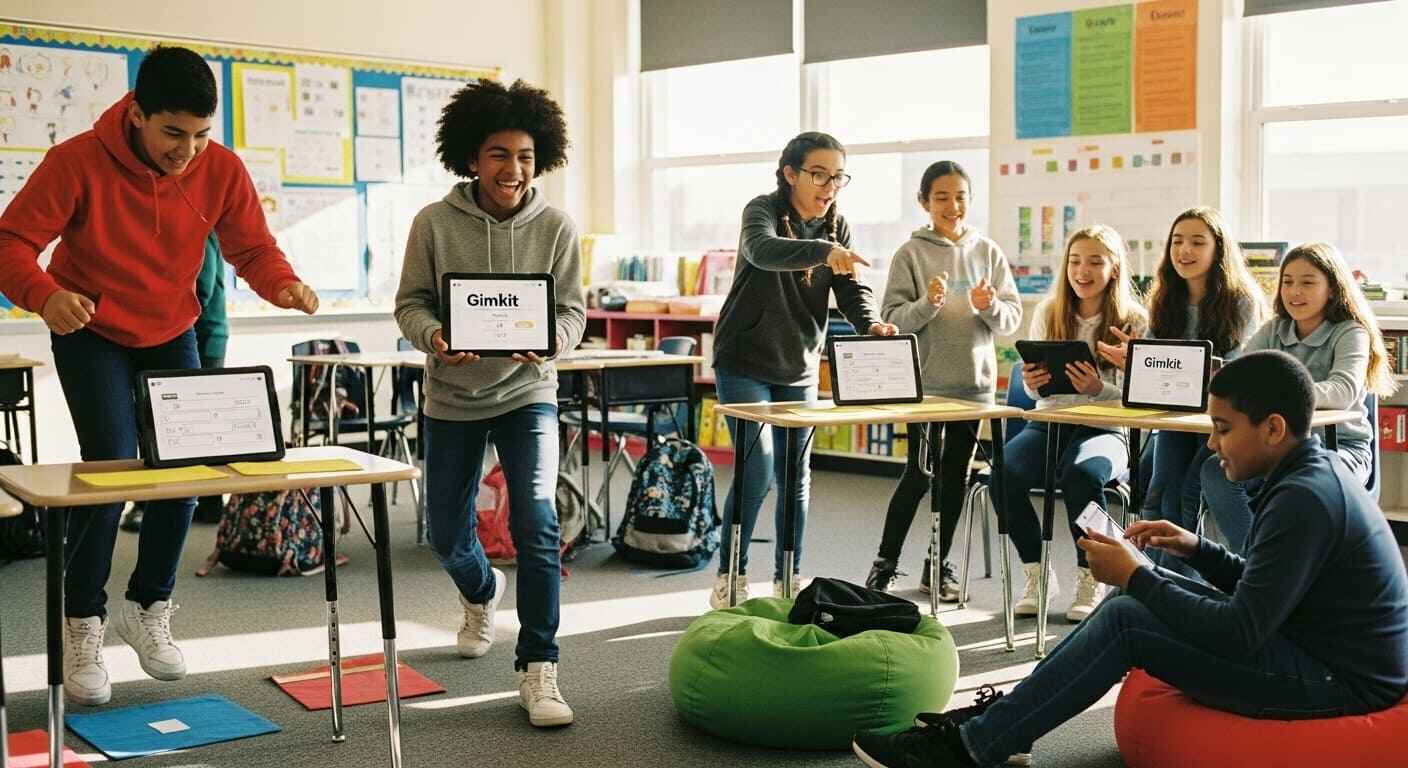 Students participating in an energetic classroom activity combining Gimkit gameplay with physical movement and teamwork