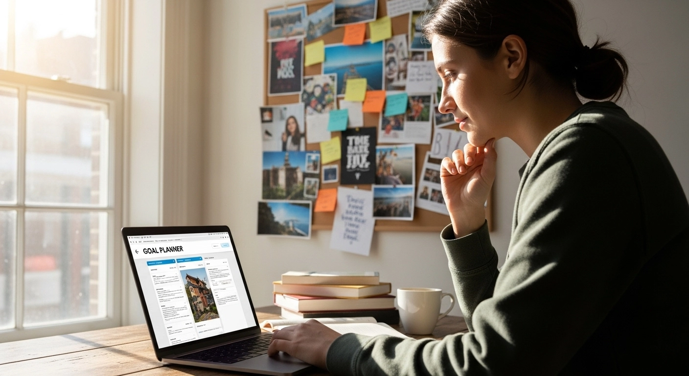 Teenager filling out a digital career goal planner on a laptop, inspired by choices made in Gimkit's future planning game mode
