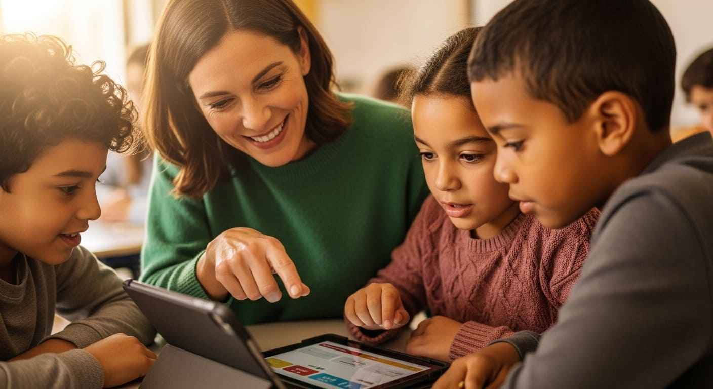 Teacher guiding students through a Gimkit session with emphasis on skill development and learning rather than scores