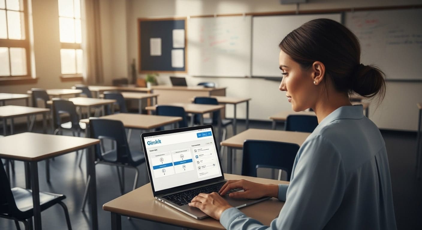Teacher opening saved Gimkit sets on a laptop before class