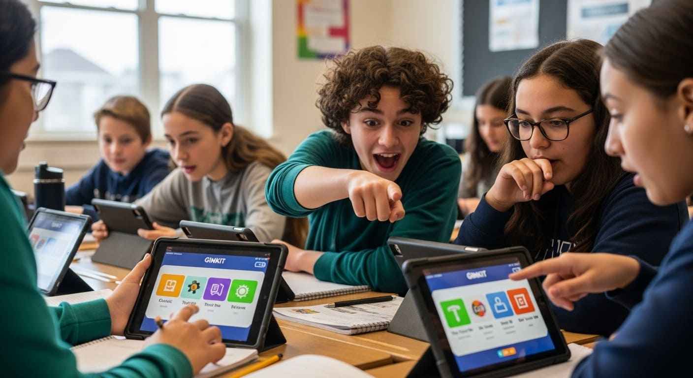 tudents selecting their preferred game mode on tablets during a Gimkit activity, fostering engagement and ownership.