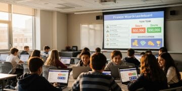 Middle school students actively playing a financial literacy game using Gimkit on laptops in a modern classroom setting.