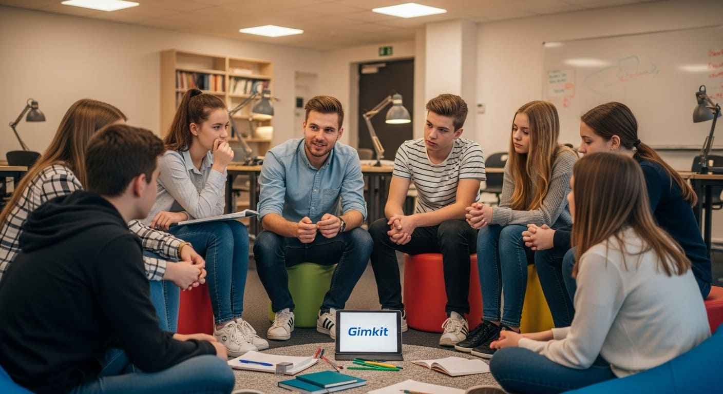 Students and teacher discussing strategies and takeaways after a Gimkit game to connect gameplay with learning goals.