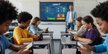 A wide-angle, realistic photo of a diverse group of middle school students in a modern, bright classroom. They are actively engaged in a fast-paced game on their individual tablets, with expressions of excitement and concentration. A smiling substitute teacher is shown in the background, confidently monitoring the class while pointing to a large interactive whiteboard displaying a Gimkit game scoreboard. The scene should convey a sense of calm, order, and fun, with technology seamlessly integrated into the learning process. The setting should be a clean, well-lit classroom with colorful posters on the walls.