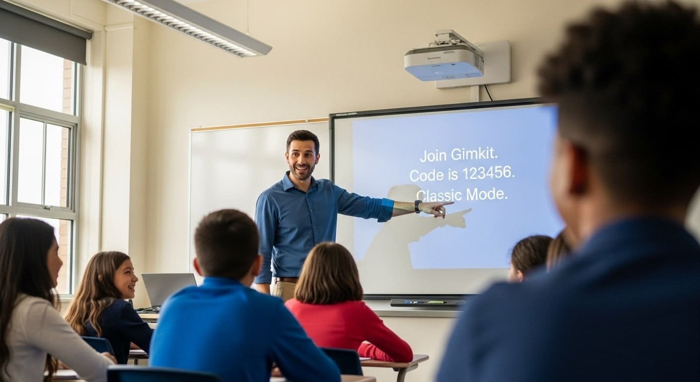 Teacher giving simple verbal directions while pointing to screen