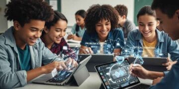 A diverse group of students collaborates on tablets in a classroom, with game-like puzzles on screen that represent critical thinking and problem-solving. This image visually captures the concept of using Gimkit for building specific skills in a modern educational setting.