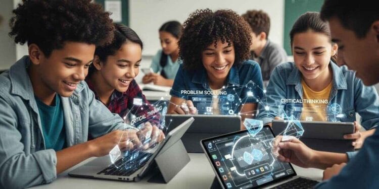 A diverse group of students collaborates on tablets in a classroom, with game-like puzzles on screen that represent critical thinking and problem-solving. This image visually captures the concept of using Gimkit for building specific skills in a modern educational setting.