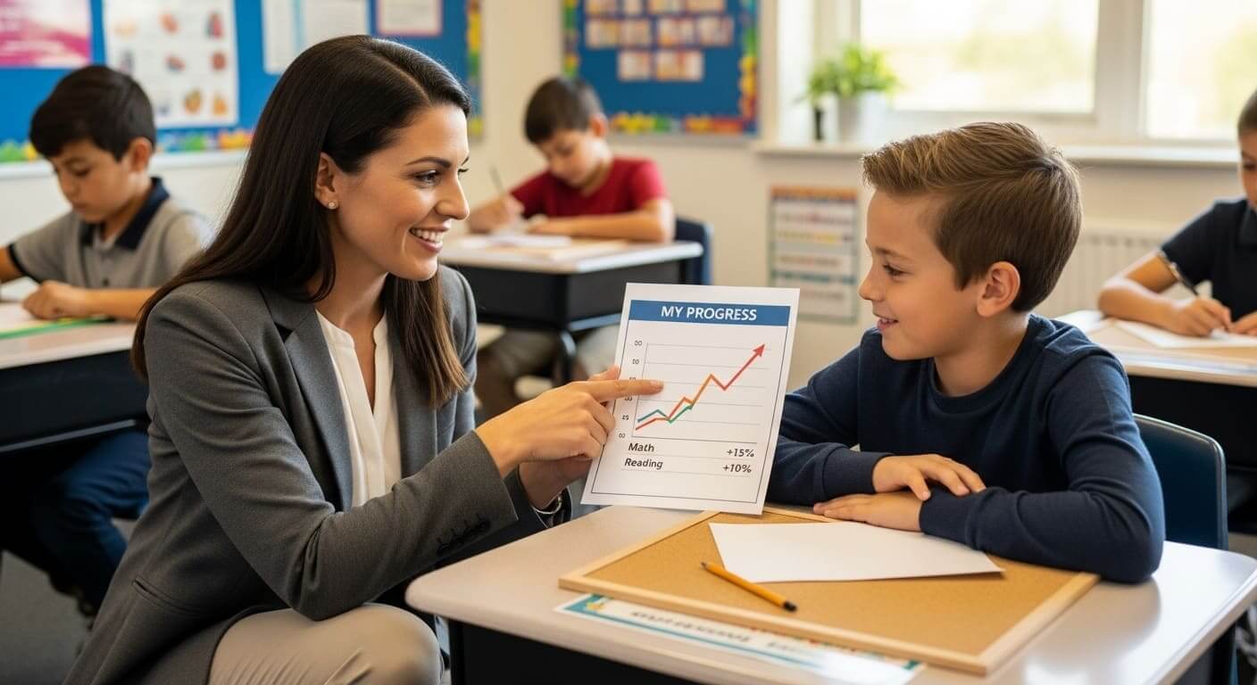 Student receiving recognition for personal progress instead of only leaderboard ranking in a classroom setting