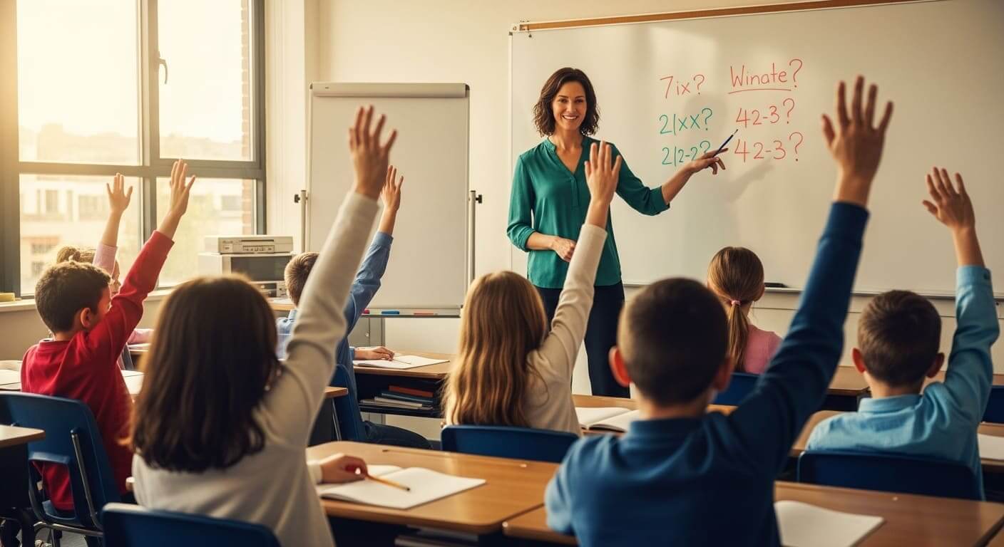 Teacher leading a classroom by asking thought-provoking questions to encourage critical thinking.