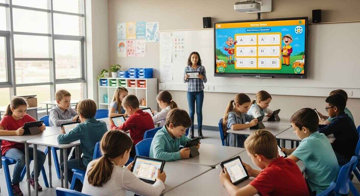 Excited students focused on a fast-paced classroom game projected on a screen, showing relatable social-emotional learning scenarios