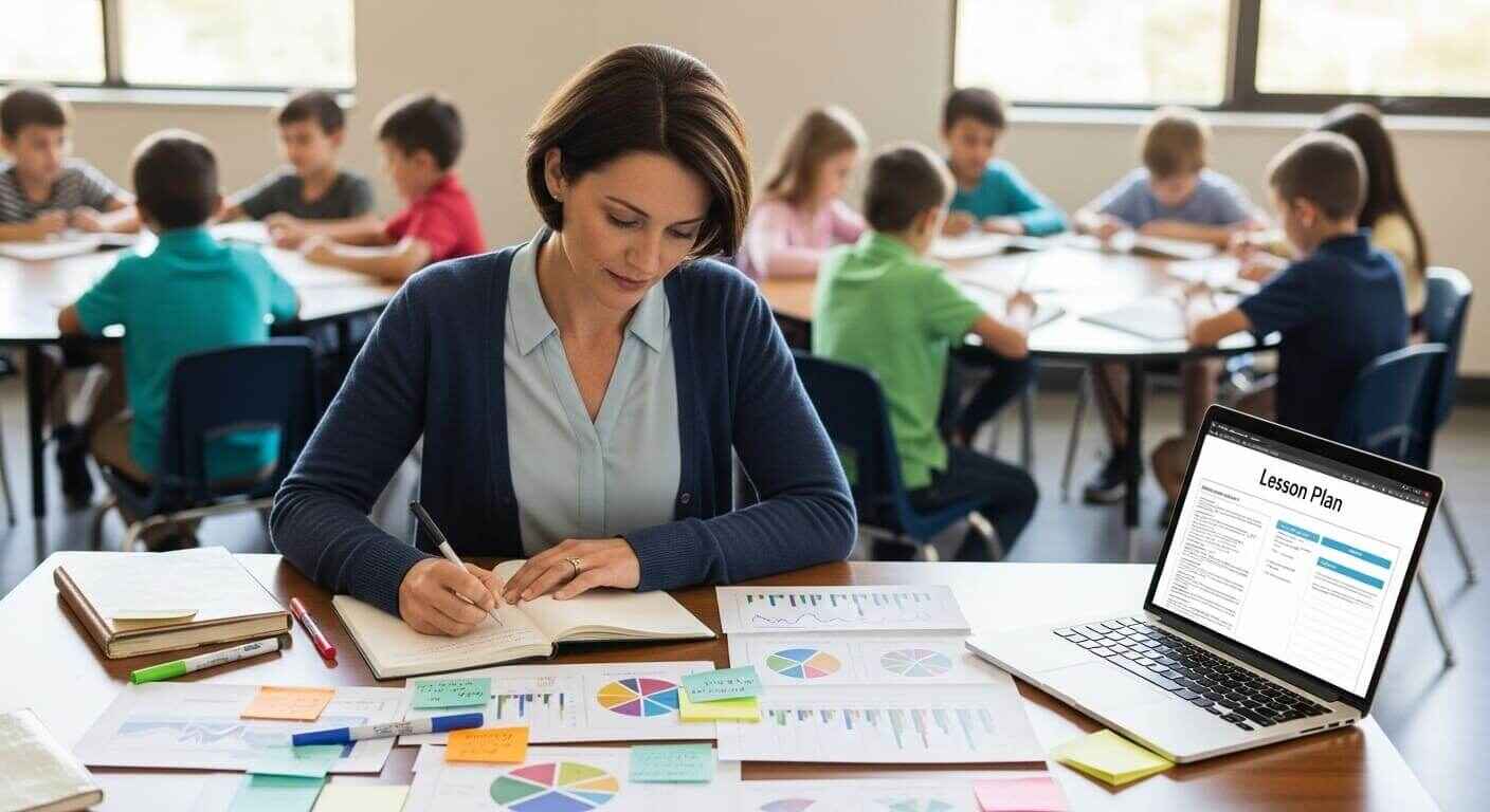 Teacher reviewing student data on Gimkit to plan personalized learning activities for a diverse classroom