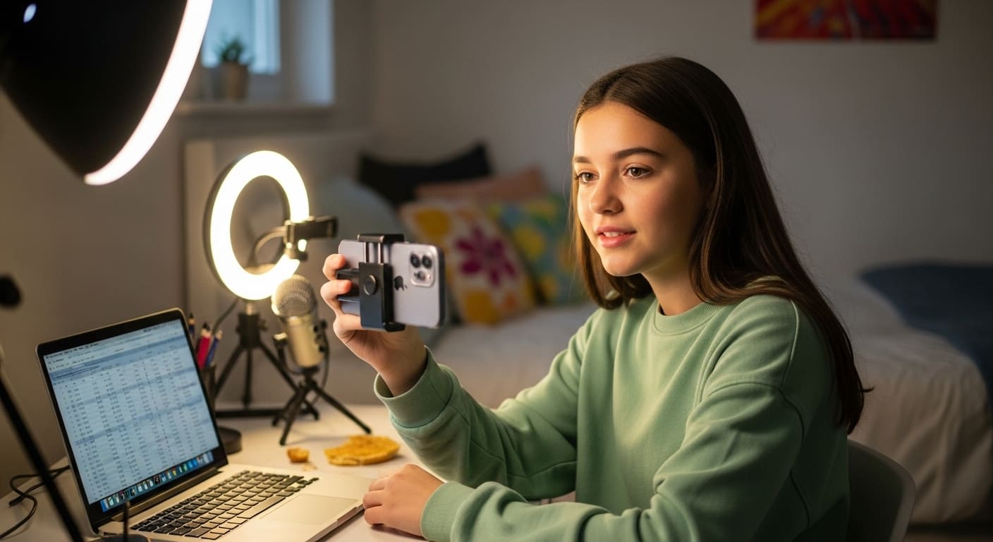 Young influencer filming content with a smartphone while managing income reports on a laptop