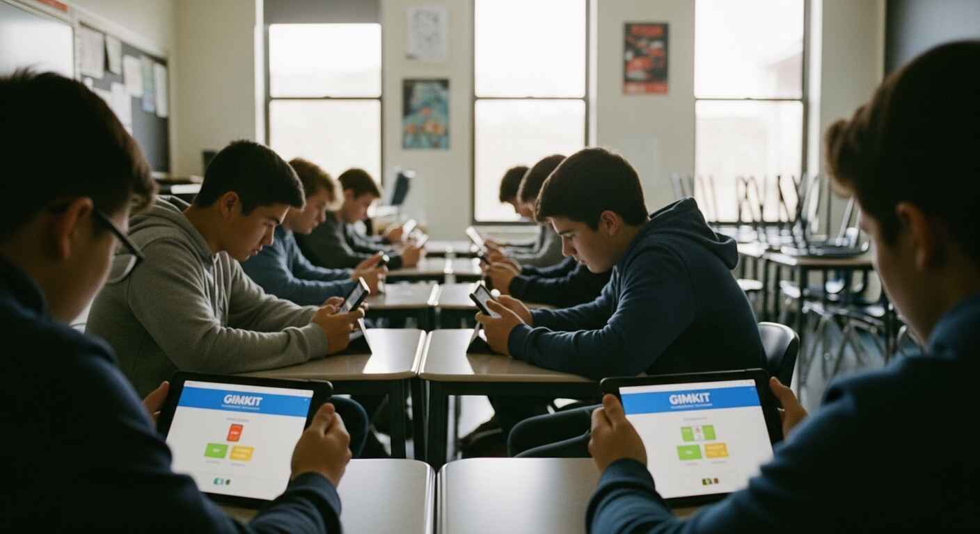 A calm classroom scene with students quietly working on Gimkit activities on their devices, helping maintain focus and prevent classroom disruptions.