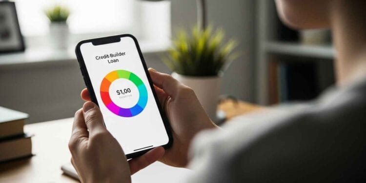 Close-up of hands holding a smartphone showing a digital credit-builder loan repayment tracker, symbolizing credit score improvement.