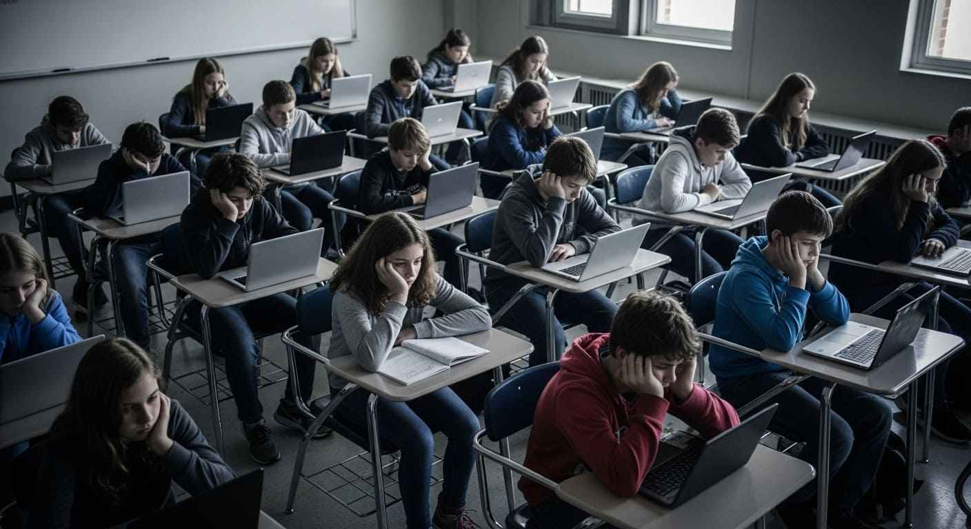 "Students in a classroom looking disengaged while playing a repetitive educational game on laptops.