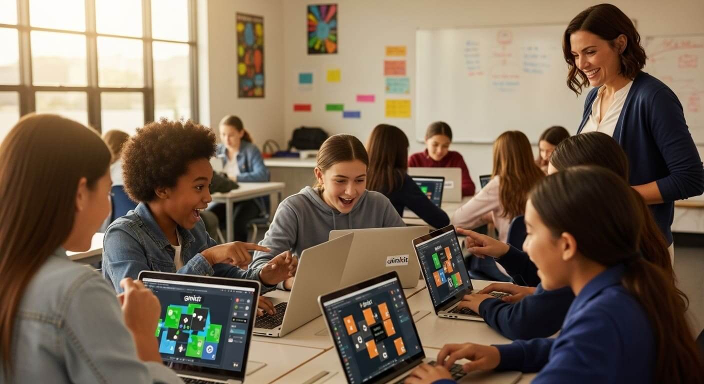 Students engaged in Gimkit immersive learning, solving gamified escape room challenges on laptops in a lively classroom.