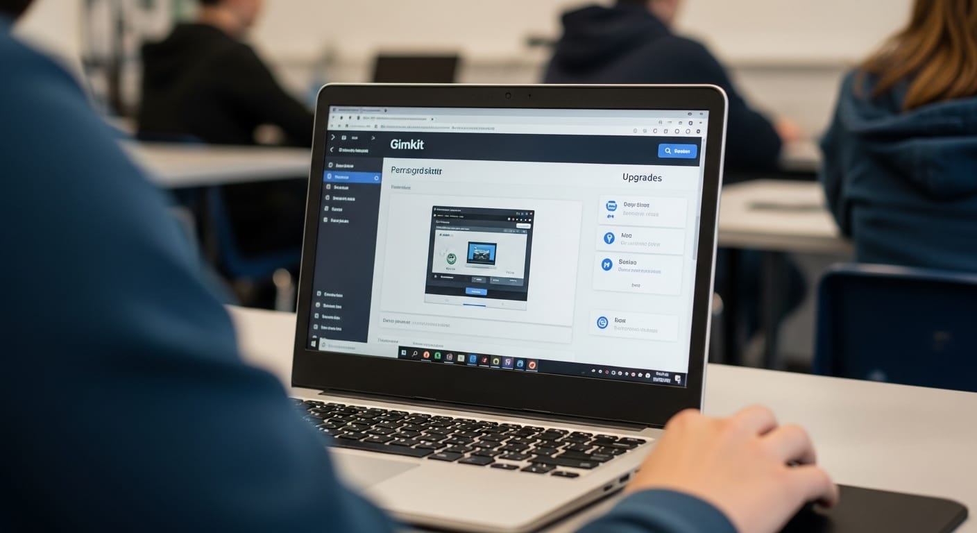 Student deciding how to spend in-game currency on upgrades in Gimkit’s virtual shop feature.

