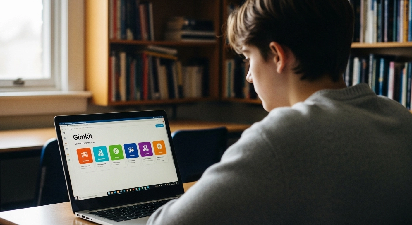 Close-up of a student using Gimkit on a laptop to explore career options in a school setting.