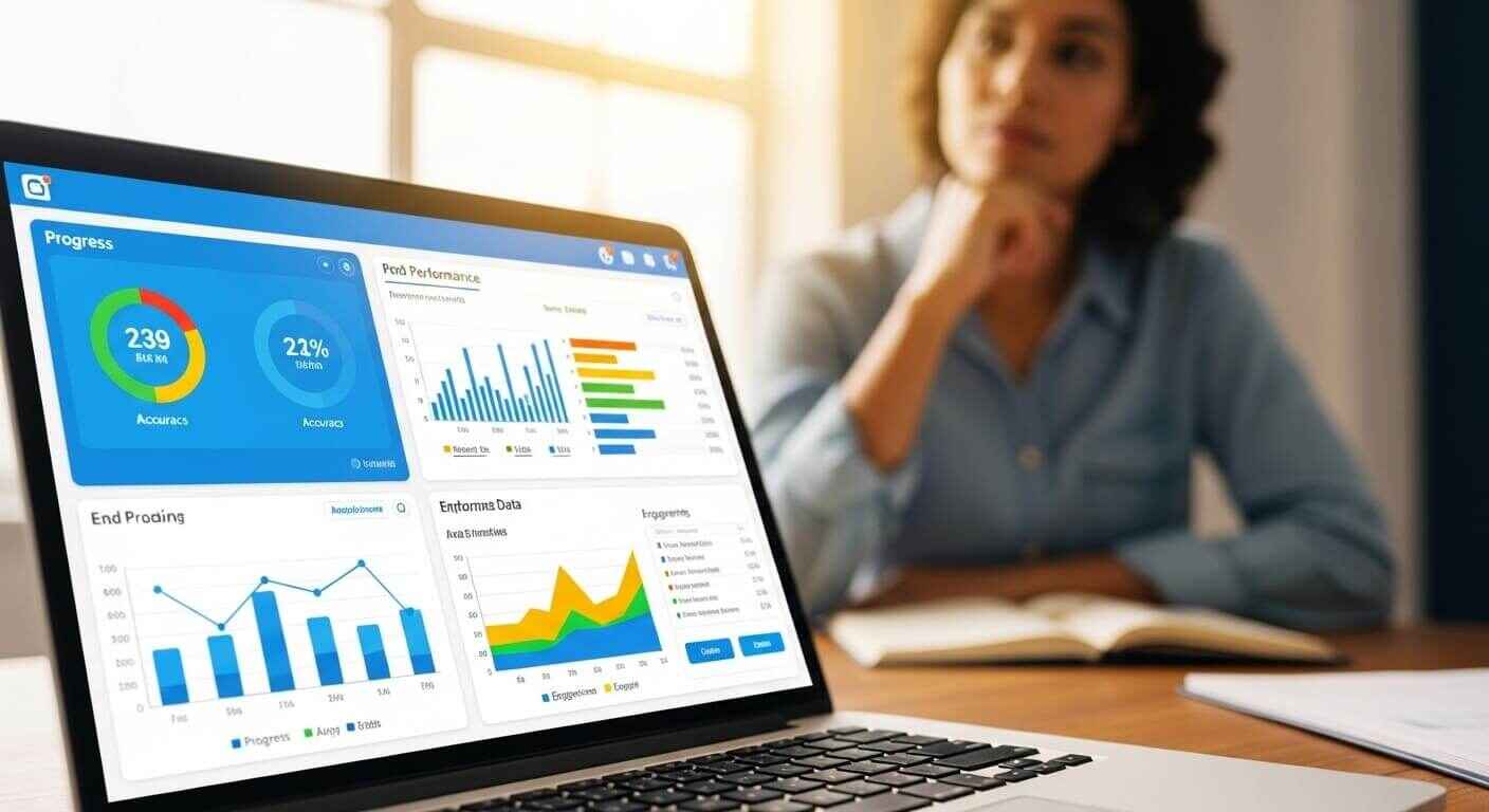 eacher reviewing game-based learning data reports on a laptop to understand student responses to SEL dilemmas