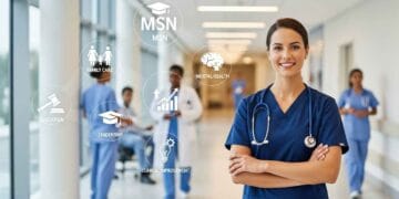 A diverse group of smiling nurses representing different specializations like FNP, Nurse Educator, and Nurse Administrator, working together in a professional setting. This image represents the various career paths available through a Master of Science in Nursing (MSN) program.