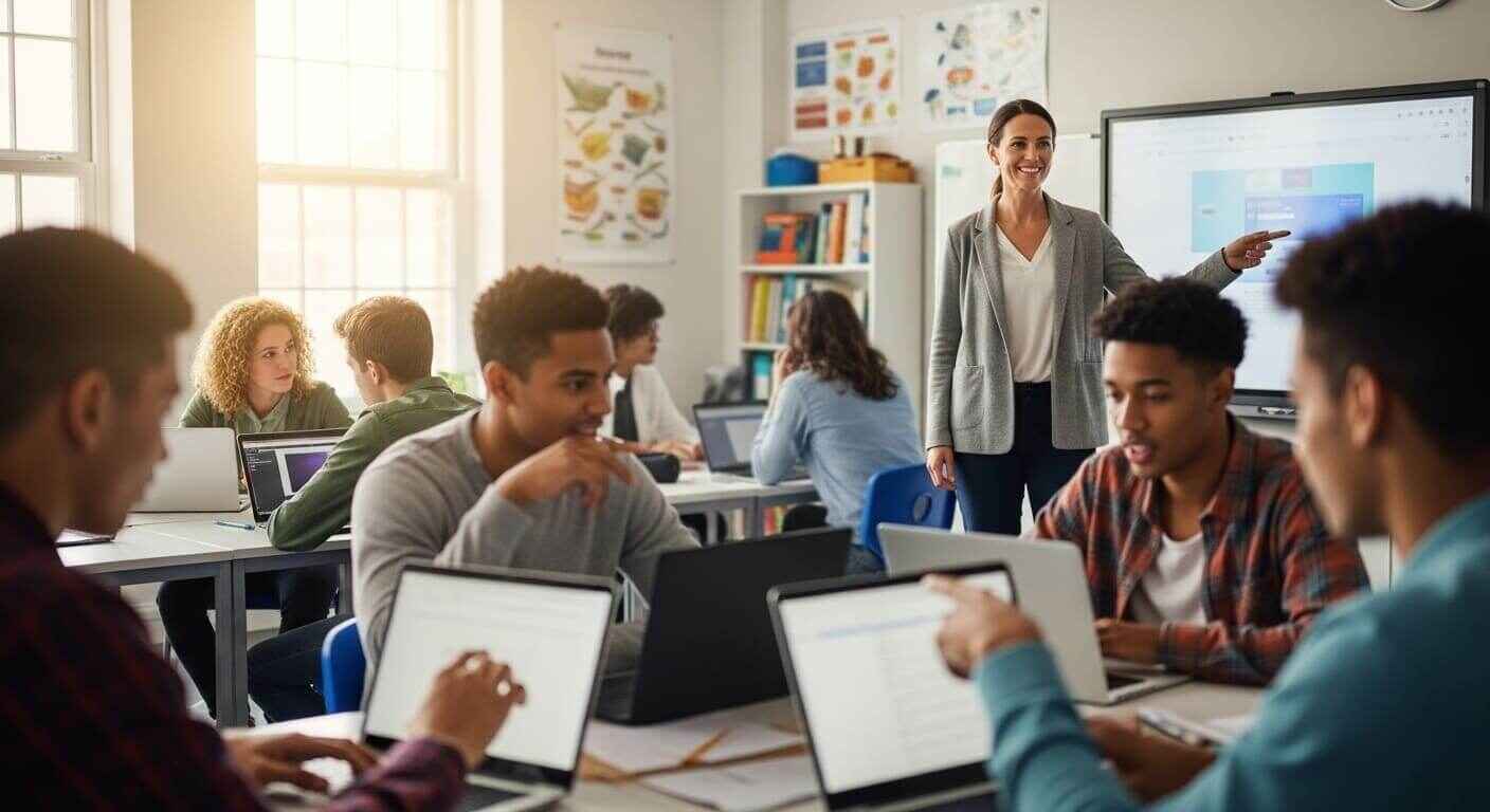 Classroom scene with students engaged in learning while teacher saves time using Gimkit diagnostic results