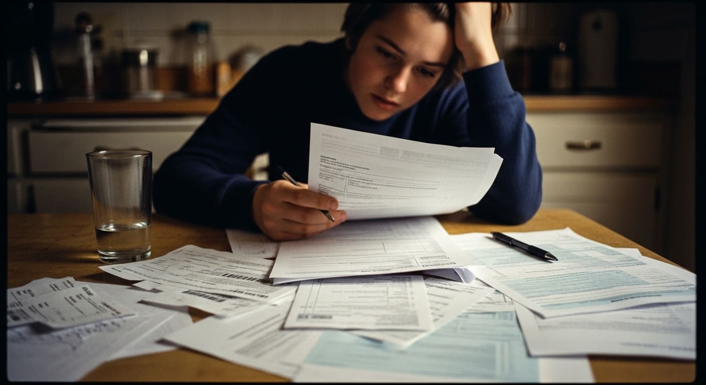 Stressed teenager reviewing tax documents and bills at home with concerned expression